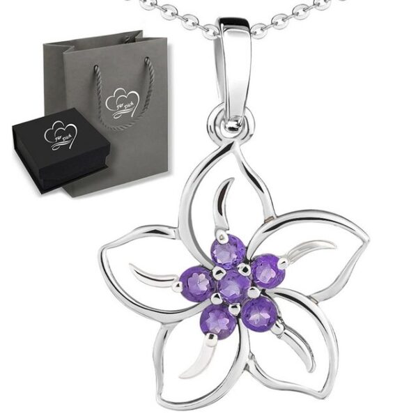 Limana Kette mit Anhänger echte Edelsteine lila Amethyst 925 Sterling Silber Blume Silberkette (inkl. Herz Geschenkdose und Tüte)