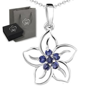 Limana Kette mit Anhänger echte Edelsteine blau lila Iolith 925 Sterling Silber Blume 50cm (inkl. Herz Geschenkdose und Tüte)