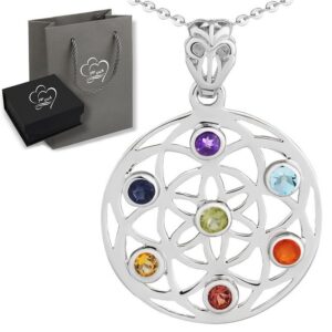 Limana Kette mit Anhänger Chakra 7 echte Edelsteine 925 Sterling Silber 50cm Blume Yoga (inkl. Herz Geschenkdose und Tüte)