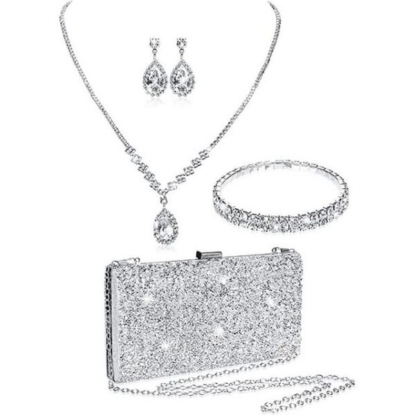 TOFOW Schmuckset Damen Glitzer Clutch Strass Abendtasche Brautschmuck Set Geldbörse (Braut Handtasche Hochzeit Party Unterarmtasche Umhängetasche Schultertasche mit Schulterkette