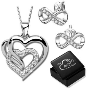 Limana Schmuckset Damen 925 Sterling Silber Unendlichkeit Ohrringe mit Herz Kette (inkl. Geschenkdose)