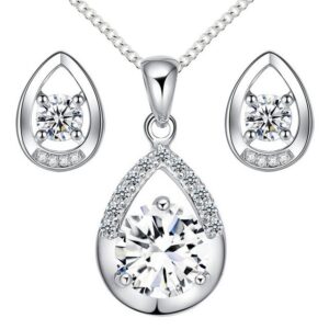 LÖB Ohrring und Ketten Set Damen Silber Halskette Ohrringe Set Zirkonia Tropfenanhänger Oval (Geschenke für Frauen Freundin zum Geburtstag Ostern