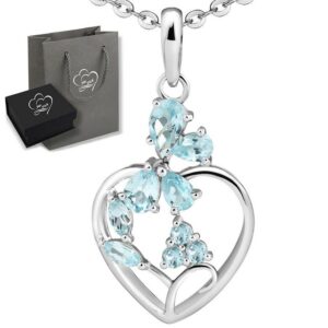 Limana Herzkette echte Edelsteine blau Topas 925 Sterling Silber Kette mit Herz 50cm (inkl. Herz Geschenkdose und Tasche)