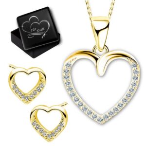 Limana Ohrring und Ketten Set Damen Geschenkset echt 925 Sterling Silber Herzkette mit Herzohrringe