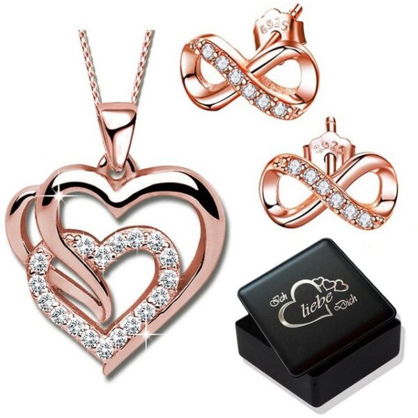 Limana Schmuckset Damen 925 Sterling Silber Rosegold Unendlichkeit Ohrringe Herz Kette (inkl. Herz Geschenkdose)