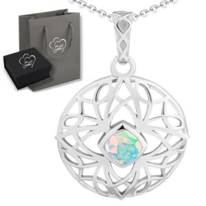 Limana Kette mit Anhänger Damen Silberkette echter Opal 925 Sterling Silber Edelstein Blume (inkl. Herz Geschenkdose und Tüte)