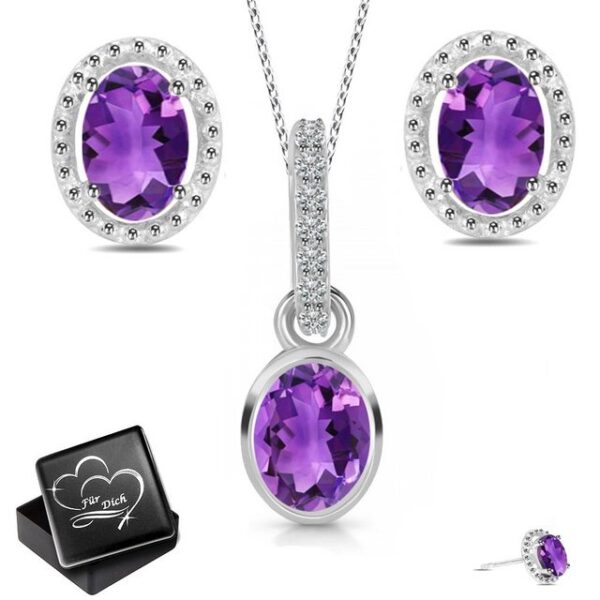 Limana Ohrring und Ketten Set echte Amethyst u. Topas Edelsteine 925 Silber Anhänger mit Ohrstecker (inkl. Herz Schmuckdose)