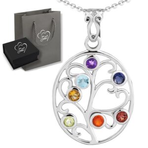 Limana Kette mit Anhänger Chakra echte Edelsteine 925 Sterling Silber 50cm Lebensbaum (inkl. Herz Geschenkdose und Tüte)