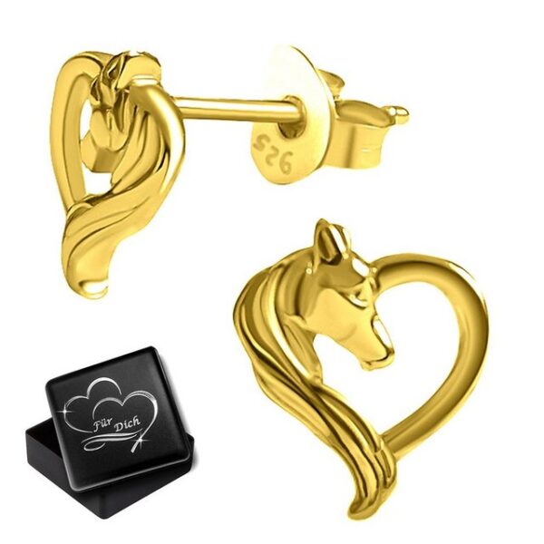 Limana Paar Ohrstecker Kinder Mädchen Damen 925 Sterling Silber gold Herz Pferde Ohrringe (ink. Geschenkdose)