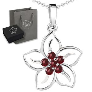 Limana Kette mit Anhänger echte Edelsteine roter Granat 925 Sterling Silber Blume Silberkette (inkl. Herz Geschenkdose und Tüte)