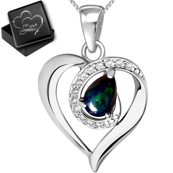 Limana Herzkette Damen Frauen echter äthiopischer schwarzer Opal 925 Sterling Silber (inkl. Geschenkdose)