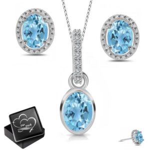 Limana Schmuckset echte Edelsteine Topas blau weiss 925 Silber Hals-Kette mit Ohrringe (inkl. Herz Schmuckdose)