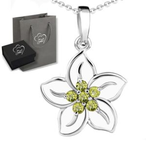 Limana Kette mit Anhänger echte Edelsteine grüner Peridot 925 Sterling Silber Blume Silberkette (inkl. Herz Geschenkdose und Tasche)