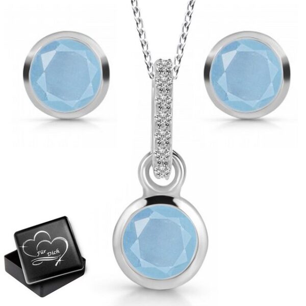 Limana Schmuckset Damen echter Aquamarin Topas Steine 925 Silber Kette mit Ohrringe Set (inkl. Herz Gravur Dose)