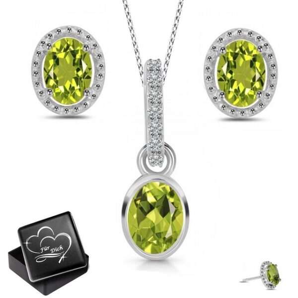 Limana Ohrring und Ketten Set echter Peridot Topas Edelstein 925 Sterling Silber Anhänger Ohrstecker (inkl. Herz Geschenkdose)